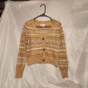 Jessica Simpson V-Neck Open Cardigan S Yellow Beige Fair Isle Casual Preppy Boho